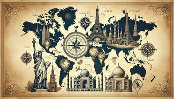 A vintage world map illustration, highlighting iconic landmarks from around the world, representing the allure and adventure of global travel. AI Generated photo