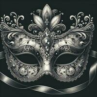 A Venetian-style carnival mask, decorated with patterns, gems, and lace, showcasing a metallic finish of silver and black. AI Generative photo