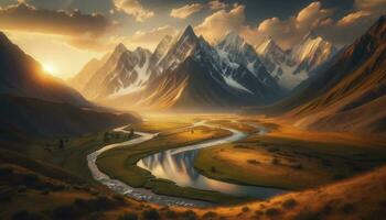 A breathtaking photo of a mountain landscape during sunrise, showcasing snowy peaks illuminated by golden rays, with a pristine river winding through the valley. AI Generated