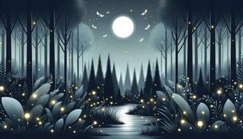 A magical illustration of a moonlit forest with glowing fireflies, tall trees, and a shimmering stream. AI Generated photo