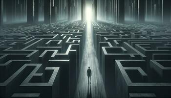 A depiction of an individual standing in the center of a maze, representing the feelings of confusion and hopelessness, with a faint light in the distance suggesting a hint of hope. AI Generated photo