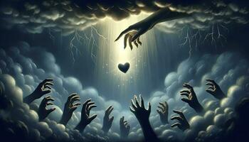 A surreal illustration depicting hands reaching out from dark clouds, attempting to grasp a glowing heart, symbolizing hope amidst despair. AI Generated photo