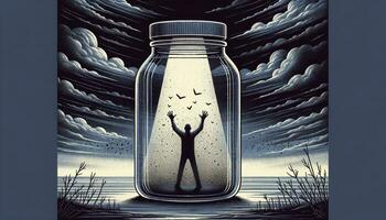 An illustration depicting a person trapped inside a glass jar, symbolizing confinement, isolation, and the feelings of entrapment. AI Generated photo