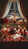 A showcases a beautifully set table with Valentine's Day decorations, a twilight sky visible through a window, and a bouquet of red roses next to a love letter. AI Generative photo