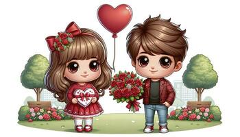 A cute cartoon couple standing side by side in a park setting. The boy is offering a bouquet of red roses, while the girl holds a heart-shaped box of chocolates. AI Generative photo