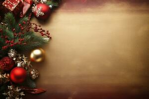 AI Generated Christmas Background with Baubles and copy space photo