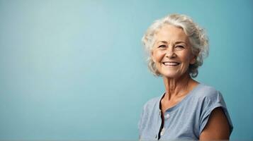 happy senior women on blue background with copy space generative ai photo