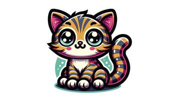 clipart de un linda dibujos animados gato con grande redondo ojos, a rayas pelo, y un juguetón expresión. el diseño es resumido en negro con vibrante colores relleno en el detalles. ai generado foto