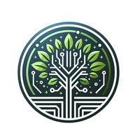 A circular emblem featuring an abstract tree that blends elements of nature and digital technology, suitable for eco-tech brands or startups. AI Generated photo