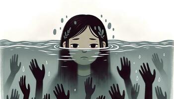 An illustration of a girl submerged in murky water, with faint outlines of hands reaching out towards her, symbolizing the overwhelming feelings of depression and the hope of support. AI Generated photo