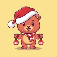 Cute little bear with a red christmas ball for new year and christmas cartoon vector icon illustration