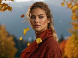 hermosa mujer en rojo camisa estar en otoño parque generativo ai foto