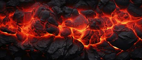 Hot glowing volcano lava, black orange heat background, AI generated photo