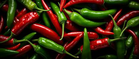 Chili pods, red and green peppers, hot pepperoni background, AI generated photo
