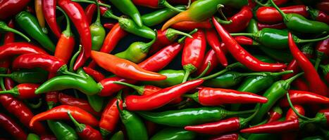 Chili pods, red and green peppers, hot pepperoni background, AI generated photo