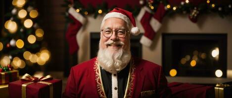 Papa Noel sonriente en Navidad con regalos y Navidad árbol, ai generado foto