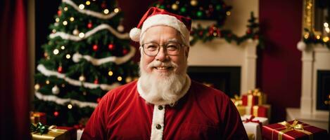 Papa Noel sonriente en Navidad con regalos y Navidad árbol, ai generado foto