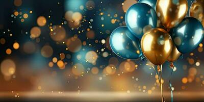 Realistic Festive background with golden and blue balloons falling confetti blurry background and a bokeh lights, AI Generative photo