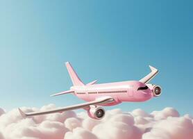 Pastel plane flying in the sky with clouds, AI Generative photo