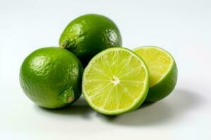 Green lime with cut in half and slices, AI Generative photo