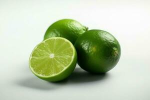 Green lime with cut in half and slices, AI Generative photo