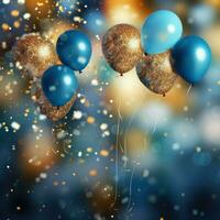 Realistic Festive background with golden and blue balloons falling confetti blurry background and a bokeh lights, AI Generative photo