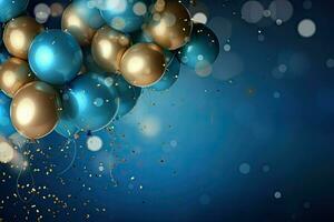 Realistic Festive background with golden and blue balloons falling confetti blurry background and a bokeh lights, AI Generative photo