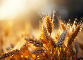 Wheat field Ears of wheat on blurry sunset background, AI Generative photo