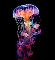 Glowing jellyfish swim deep in blue sea, neon jellyfish fantasy on black background, AI Generative photo