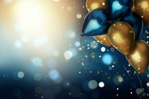 Realistic Festive background with golden and blue balloons falling confetti blurry background and a bokeh lights, AI Generative photo