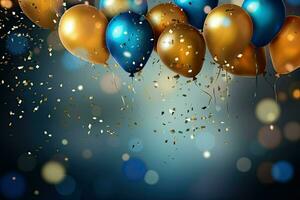 Realistic Festive background with golden and blue balloons falling confetti blurry background and a bokeh lights, AI Generative photo