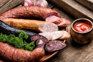 Smoked salami on old wooden table photo