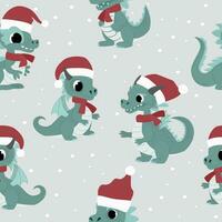 Seamless pattern with New Year's dragons in Santa Claus hats. Vector illustration.