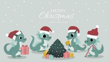 New Year and Christmas banner. Dragons in Santa Claus hats around the New Year tree with gifts. Vector illustration.