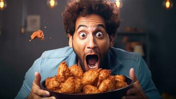 un sorprendido expresión caja un gracioso hombre comiendo piezas de frito pollo, un masculino cara con expresión emocionado a comer alimento. generativo ai foto