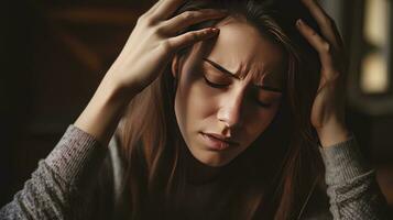 A young woman with headache hand rubbing temples. Generative Ai photo