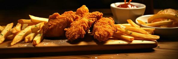 Crispy fried chicken tenders and french fries on wooden table. Generative Ai photo