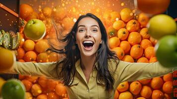 un contento y emocionado mujer oscuro peludo comprador dentro Tienda frente ver frutas y vegetales en pastel naranja antecedentes. generativo ai foto