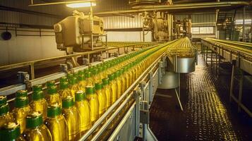 Conveyor belt for vegetable oil bottles inside a vegetable oil production  factory. Generative Ai photo