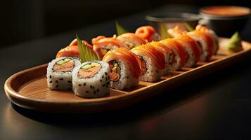 Crunchy maki o a sushi plate in restaurant. Japanese food. Generative Ai photo