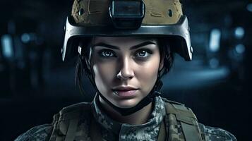 A strong looking woman wearing military uniform including camouflage fatigues and a helmet. She is ready for war to protect and serve her country. Generative Ai photo