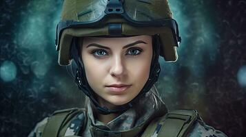 A strong looking woman wearing military uniform including camouflage fatigues and a helmet. She is ready for war to protect and serve her country. Generative Ai photo