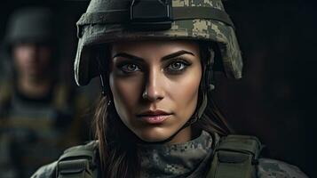 A strong looking woman wearing military uniform including camouflage fatigues and a helmet. She is ready for war to protect and serve her country. Generative Ai photo