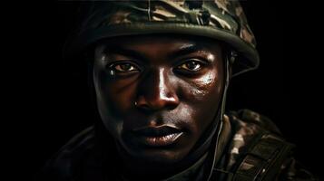 africano hombre vistiendo camuflaje uniforme. retrato de negro soldado. generativo ai foto
