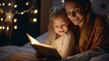 A beautiful mother reading a book to her daughter in bed before going to sleep. Generative Ai photo