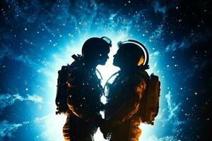 Astronaut kissing his girlfriend in the moonlight. Space background. Ai Generated photo