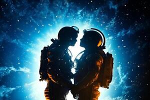 Astronaut kissing his girlfriend in the moonlight. Space background. Ai Generated photo