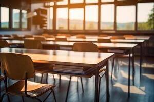 vacío salón de clases con sillas y mesas en escuela, educación y aprendizaje concepto ai generado foto