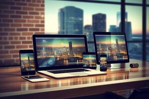 Modern digital devices on table in office with city view. 3D Rendering photo