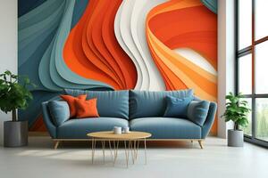 Interior of modern living room with sofa 3D wall design Ai Generated photo